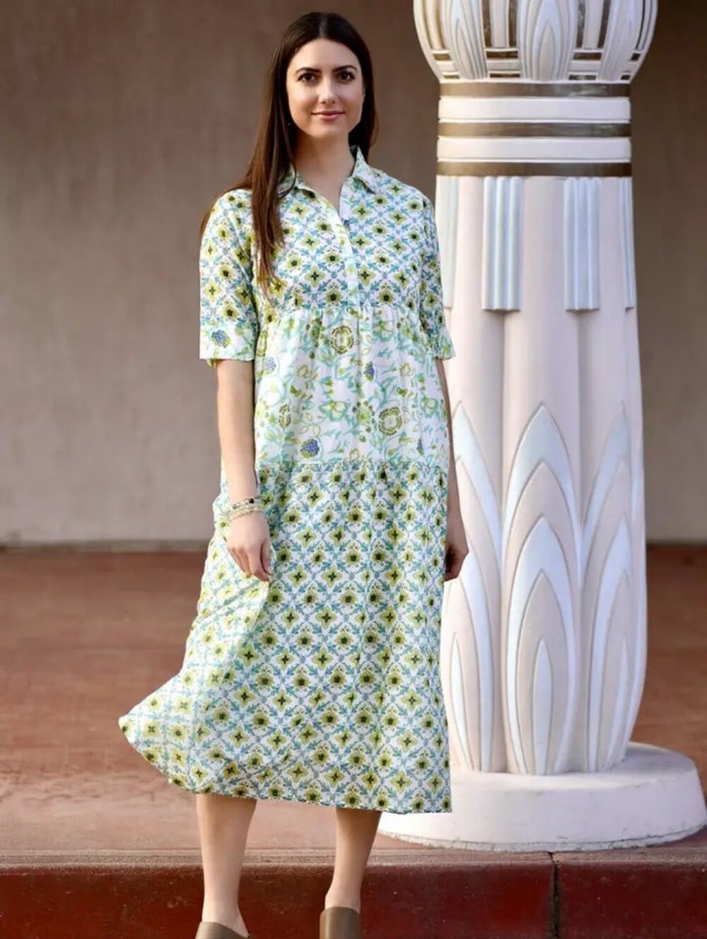 Dolma Kelly Midi Dress Lined White Green Buttons Cotton Size M A Line Floral